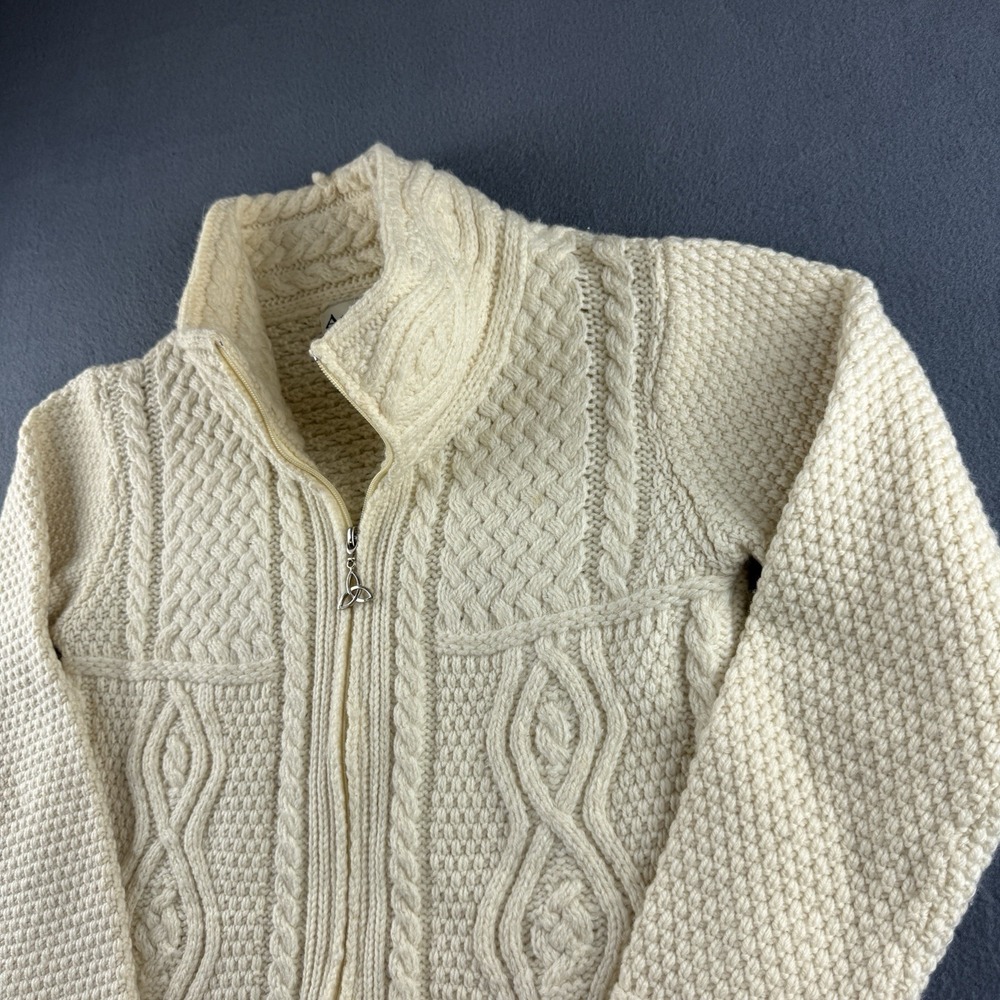 Aran Mor Cardigan Women's M Beige Ireland 100% Merino Wool Cable Knit Fisherman